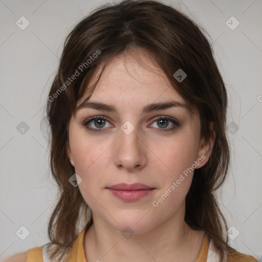 Neutral white young-adult female with medium  brown hair and brown eyes