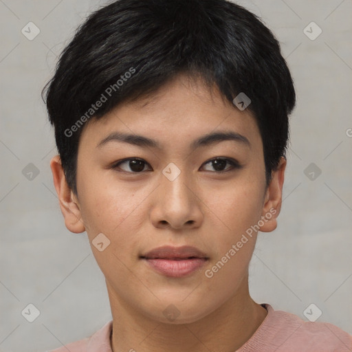 Neutral asian young-adult female with short  black hair and brown eyes