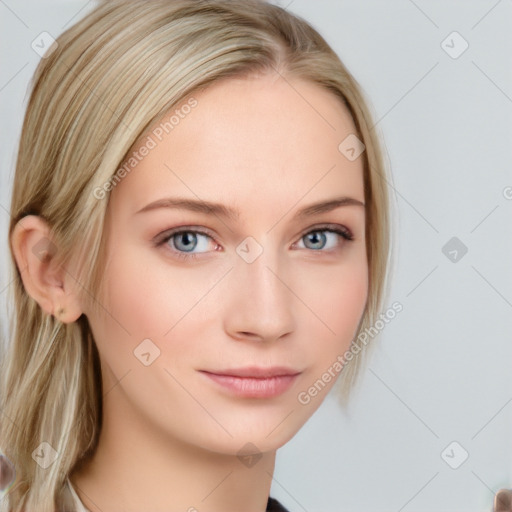 Neutral white young-adult female with medium  brown hair and blue eyes