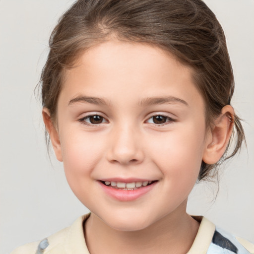 Joyful white child female with medium  brown hair and brown eyes