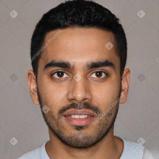 Neutral latino young-adult male with short  black hair and brown eyes