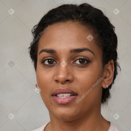 Joyful latino young-adult female with short  brown hair and brown eyes