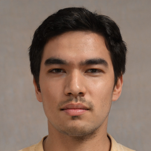 Neutral asian young-adult male with short  black hair and brown eyes