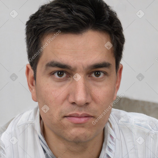 Neutral white adult male with short  brown hair and brown eyes