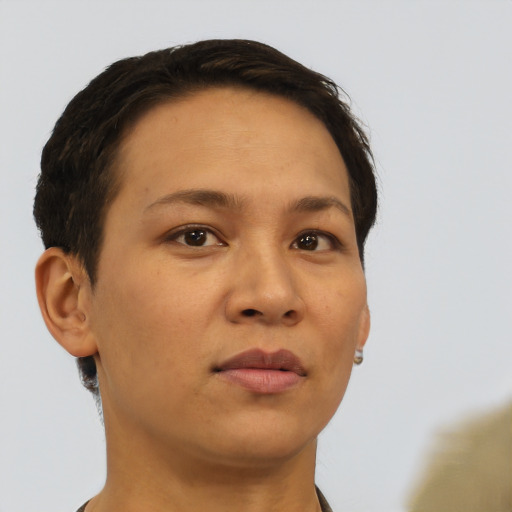 Neutral white young-adult female with short  brown hair and brown eyes