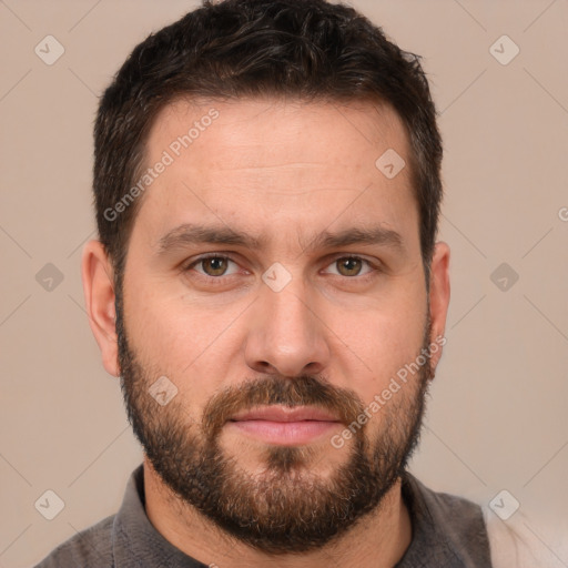 Neutral white young-adult male with short  brown hair and brown eyes