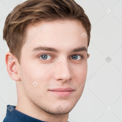 Neutral white young-adult male with short  brown hair and grey eyes