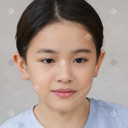 Joyful white child female with short  brown hair and brown eyes