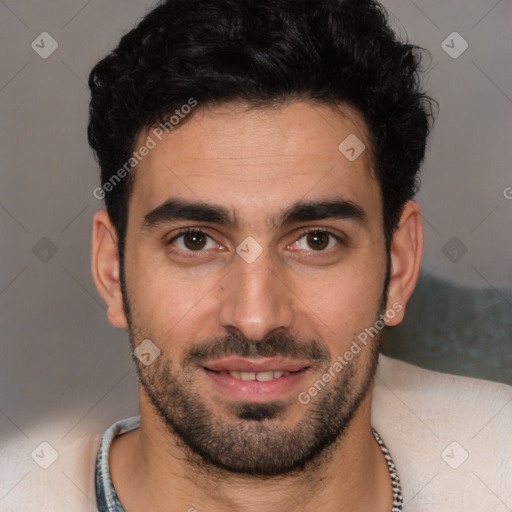 Joyful white young-adult male with short  black hair and brown eyes