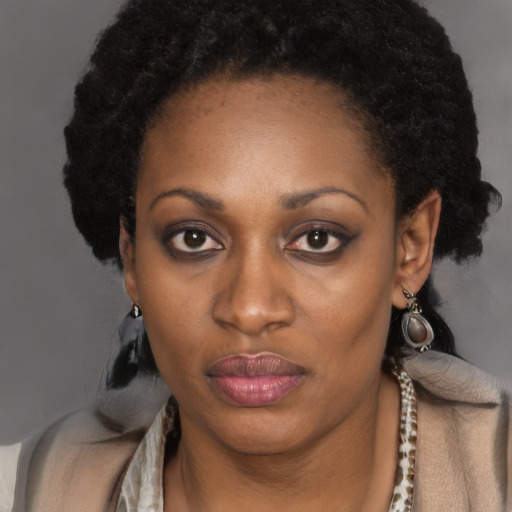 Neutral black adult female with long  brown hair and brown eyes