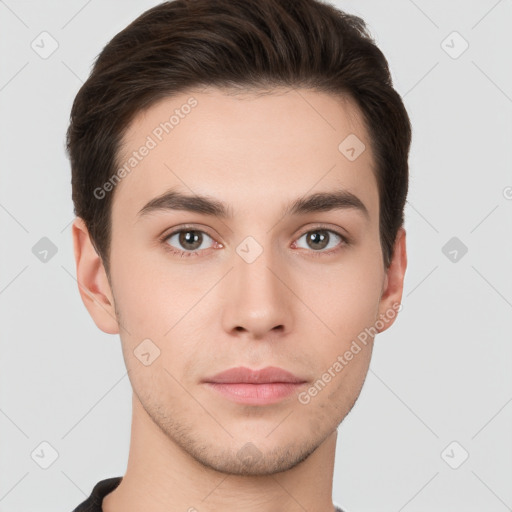 Neutral white young-adult male with short  brown hair and brown eyes