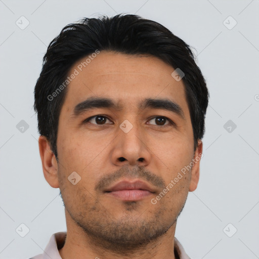 Neutral asian young-adult male with short  black hair and brown eyes