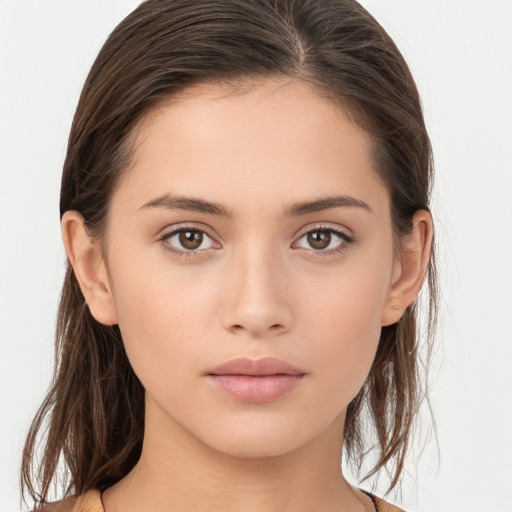 Neutral white young-adult female with medium  brown hair and brown eyes