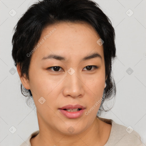 Neutral asian young-adult female with medium  black hair and brown eyes