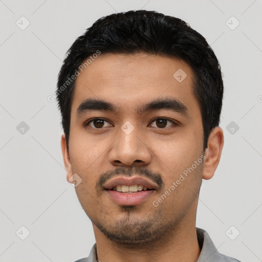 Neutral asian young-adult male with short  black hair and brown eyes