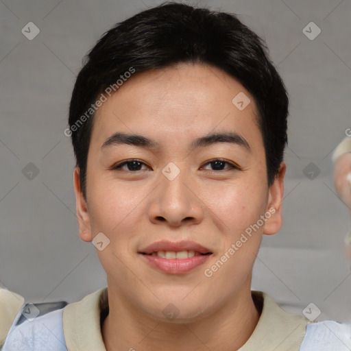 Joyful asian young-adult male with short  black hair and brown eyes