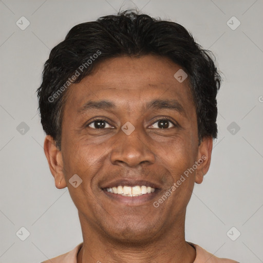 Joyful black adult male with short  brown hair and brown eyes