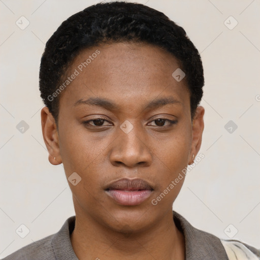 Neutral black young-adult female with short  black hair and brown eyes