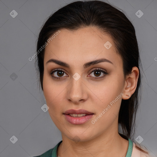 Joyful white young-adult female with medium  brown hair and brown eyes