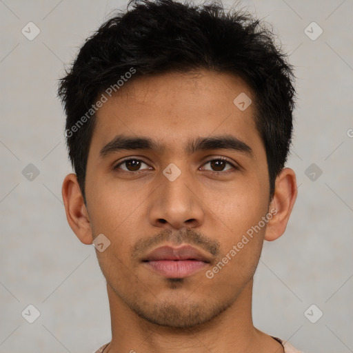 Neutral asian young-adult male with short  black hair and brown eyes