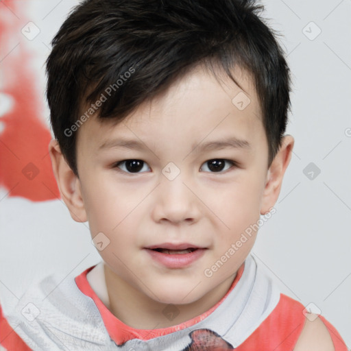 Joyful white child male with short  brown hair and brown eyes