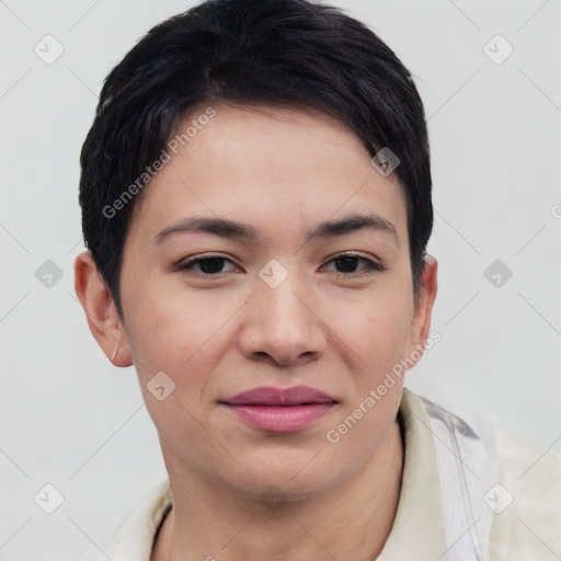 Joyful asian young-adult female with short  brown hair and brown eyes