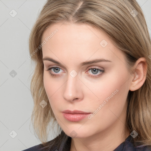 Neutral white young-adult female with medium  brown hair and blue eyes