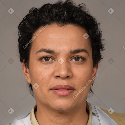 Joyful white adult female with short  brown hair and brown eyes