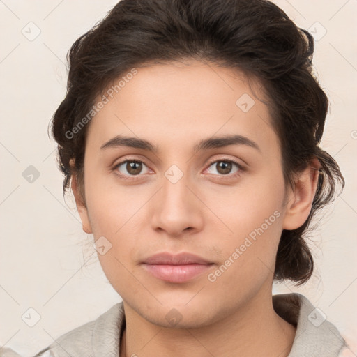 Neutral white young-adult female with medium  brown hair and brown eyes