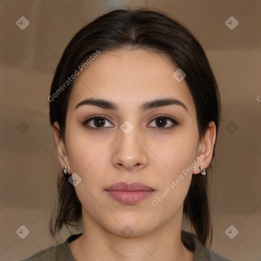 Neutral white young-adult female with medium  brown hair and brown eyes