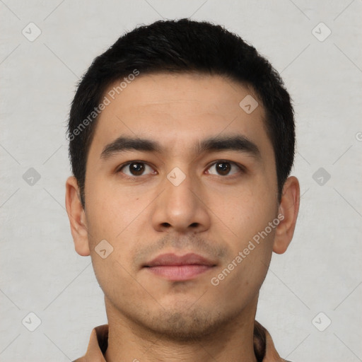 Neutral latino young-adult male with short  black hair and brown eyes