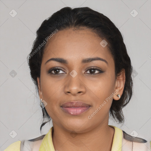 Joyful black young-adult female with medium  black hair and brown eyes