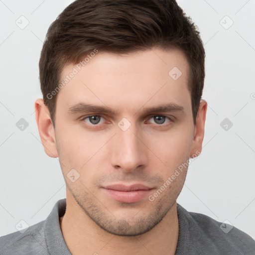 Neutral white young-adult male with short  brown hair and grey eyes