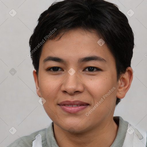 Joyful asian young-adult female with short  brown hair and brown eyes