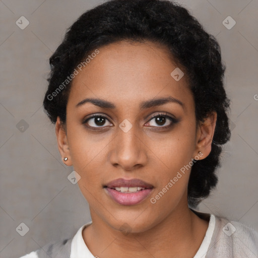 Neutral latino young-adult female with short  black hair and brown eyes