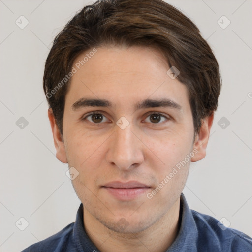 Neutral white young-adult male with short  brown hair and brown eyes