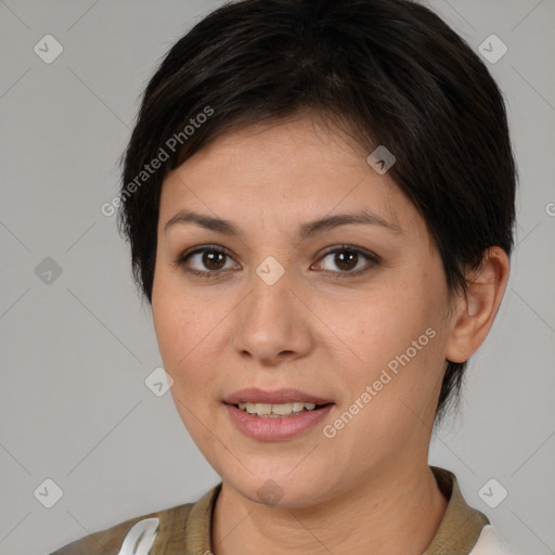 Joyful white young-adult female with medium  brown hair and brown eyes