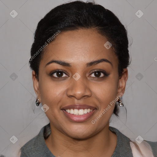 Joyful black young-adult female with medium  black hair and brown eyes