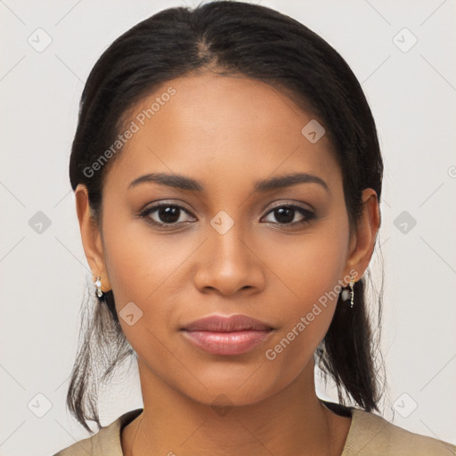 Joyful latino young-adult female with long  brown hair and brown eyes