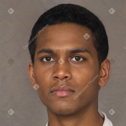 Neutral black young-adult male with short  black hair and brown eyes