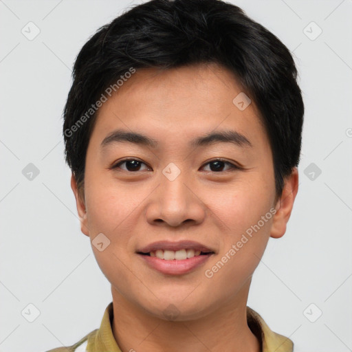 Joyful asian young-adult male with short  brown hair and brown eyes