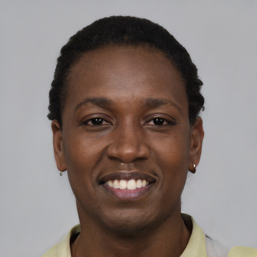 Joyful black young-adult female with short  black hair and brown eyes