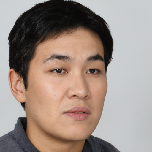 Neutral asian young-adult male with short  black hair and brown eyes
