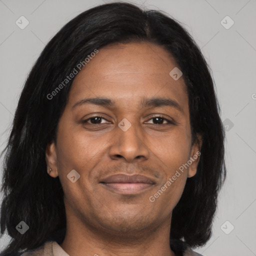 Joyful asian adult female with medium  brown hair and brown eyes