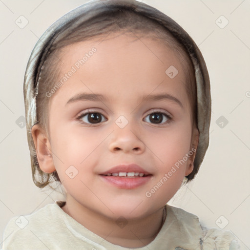 Joyful white child female with medium  brown hair and brown eyes