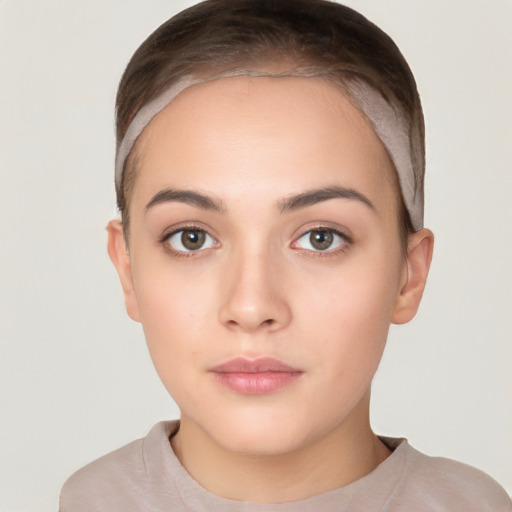 Neutral white young-adult female with short  brown hair and brown eyes