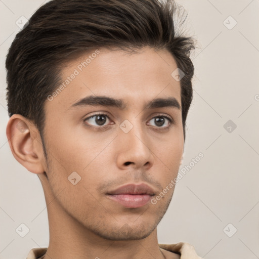 Neutral white young-adult male with short  brown hair and brown eyes