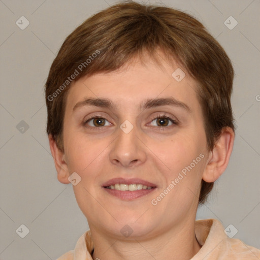 Joyful white young-adult female with short  brown hair and grey eyes