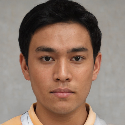 Neutral asian young-adult male with short  black hair and brown eyes