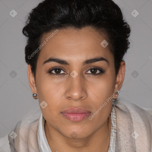 Joyful latino young-adult female with short  brown hair and brown eyes